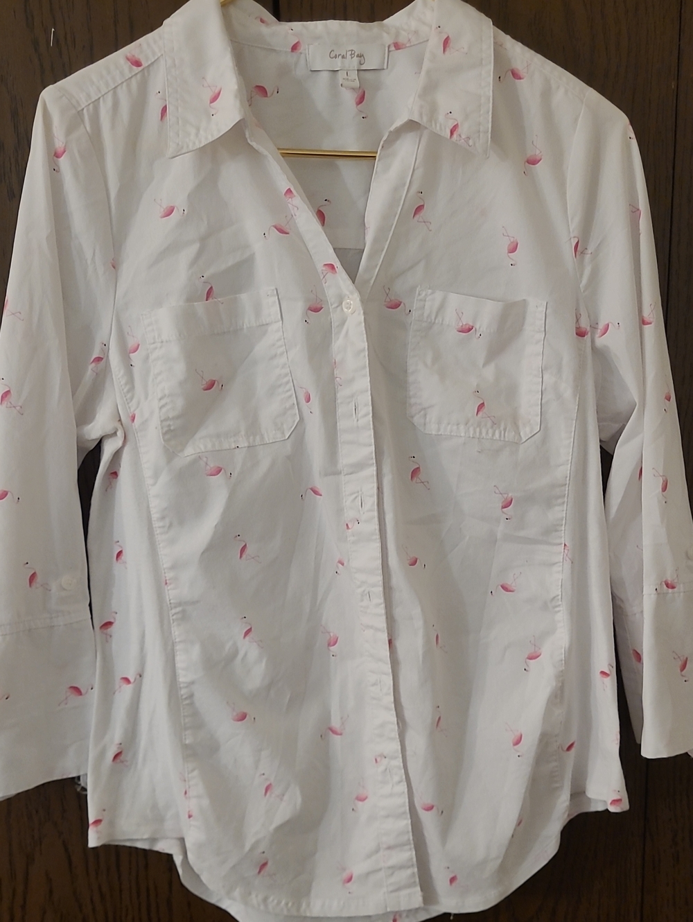 Coral Bay White Button-Down Shirt with Pink Flamingo Motif